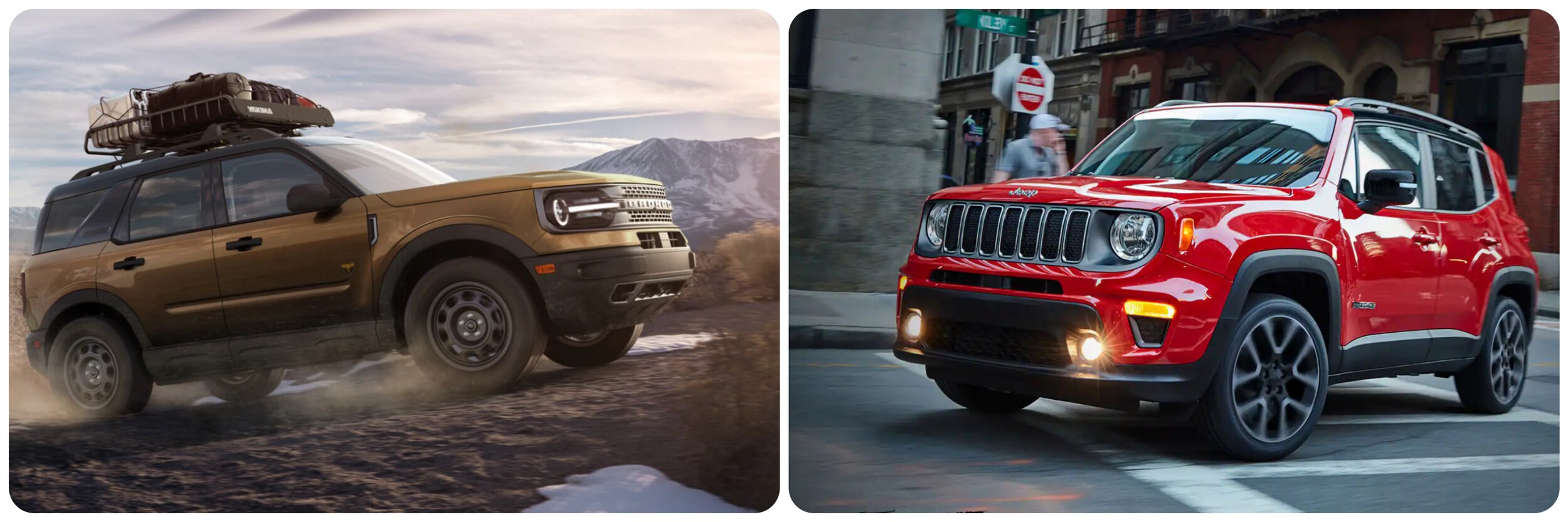 side by side view of ford bronco and jeep renegade.jpg action-image-of-bronco-sport-driving-up-a-mountain-next-to-jeep-renegade
