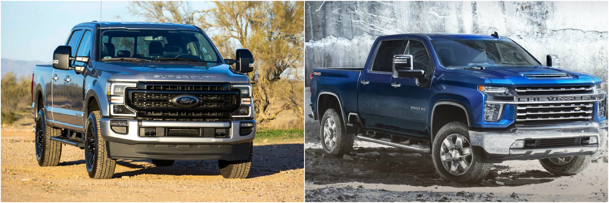 2020-ford-f350-vs-2020-chevy-3500hd-exterior.jpg a 2020 Ford F350 next to a Chevy Silverado 3500HD