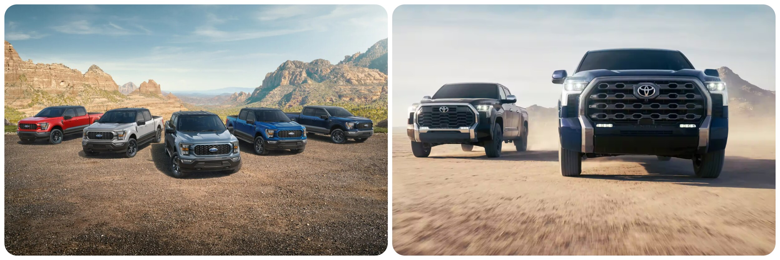 2023-ford-f150-vs-toyota-tacoma-1.jpg on the left a fleet of 2023 Ford F-150s drives toward the viewer, on the right a couple 2023 Toyota Tacomas drive towards the viewer