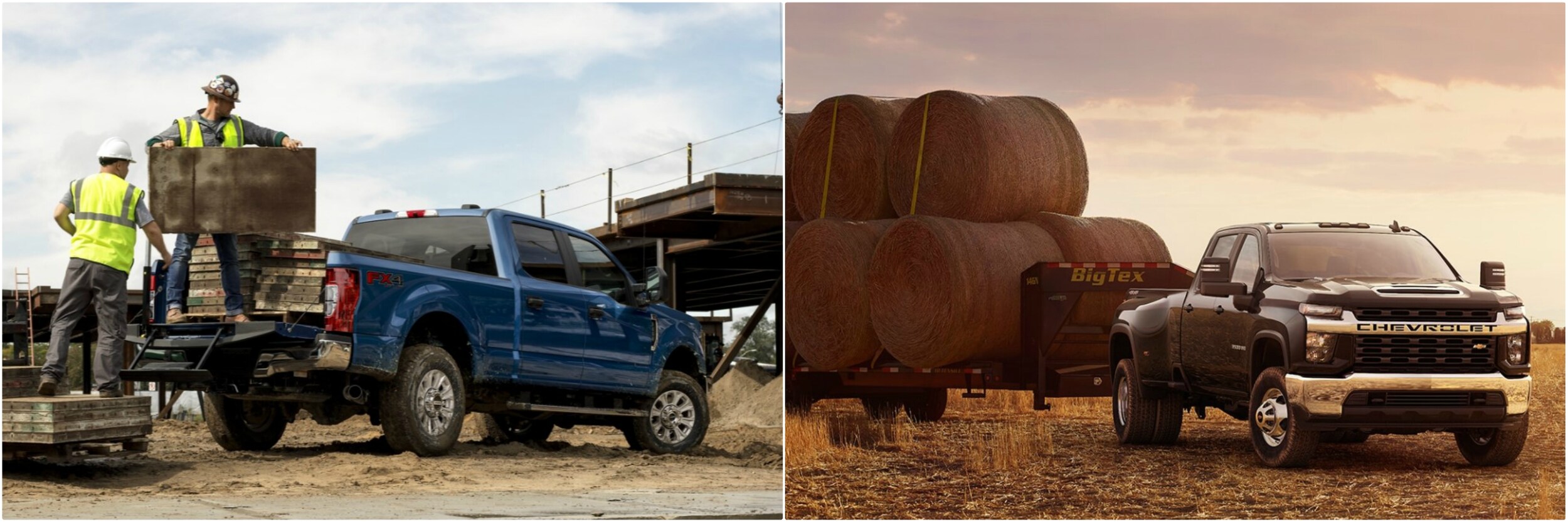 2020-ford-f350-vs-2020-chevy-3500hd-payload.jpg a new Ford F350 loaded with heavy wood next to a new Chevy 3500HD towing hay