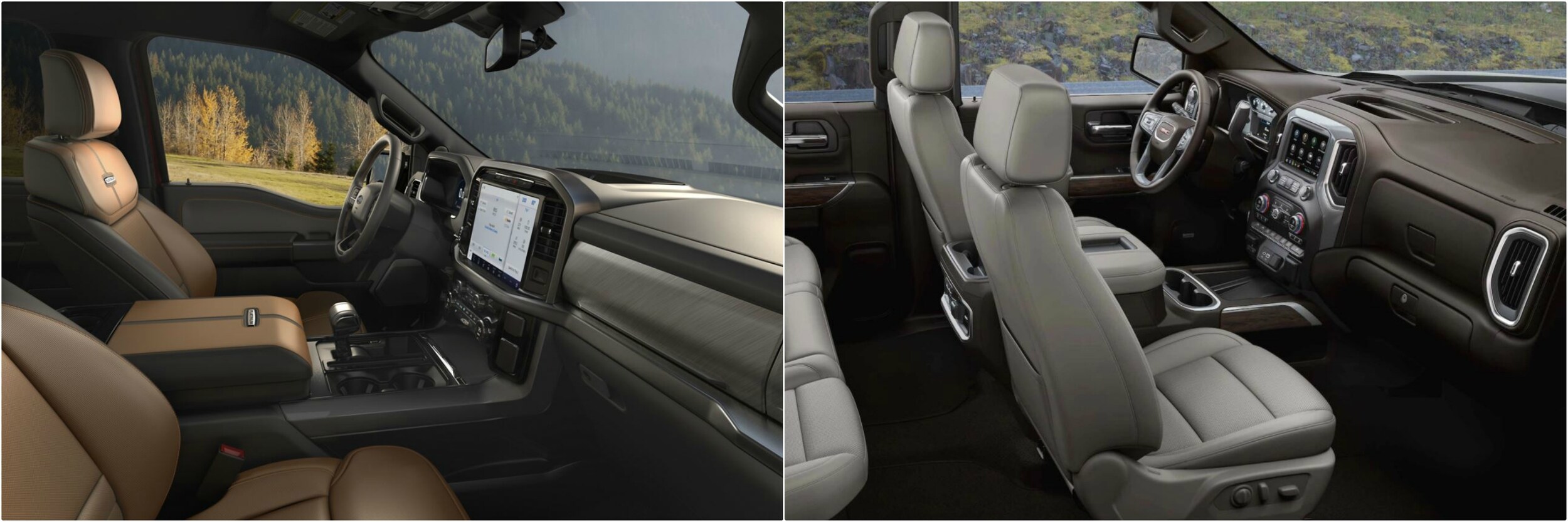 2021-ford-f150-vs-gmc-sierra-1500-interior-seating.jpg interior seating comparison between the 2021 Ford F-150 vs. GMC Sierra 1500