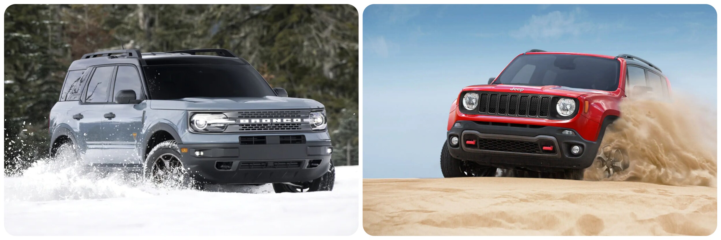 front view of 2022 ford bronco and jeep renegade.jpg action-view of 2022-ford-bronco-sport-and-jeep-renegade-driving-through-tough-terrain