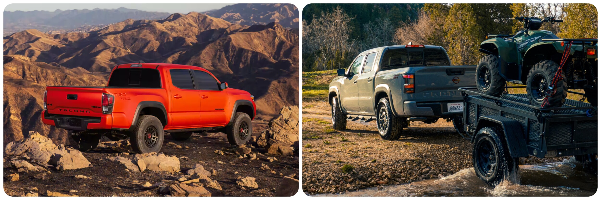 2023-toyota-tacoma-vs-nissan-frontier-3.jpg A view of the back of an orange 2023 Toyota Tacoma on the left and a gray Nissan Frontier hauling a trailer on the right.