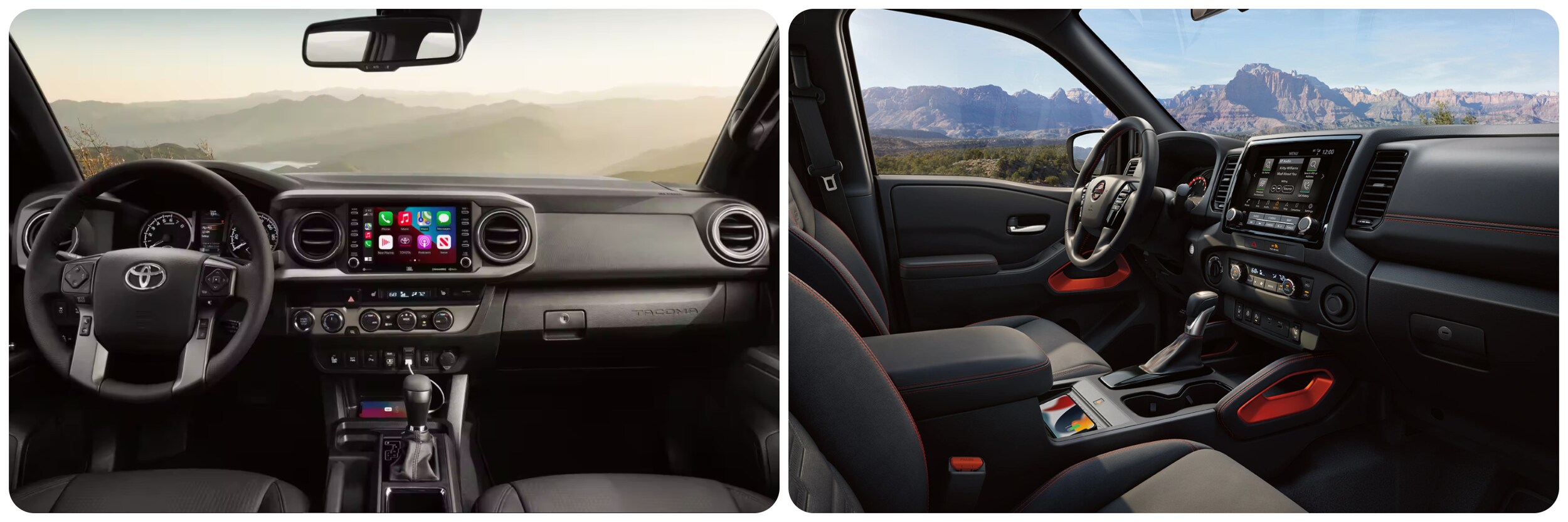 2023-toyota-tacoma-vs-nissan-frontier-5.jpg On the left the dash and infotainment system of a 2023 Toyota Tacoma, on the right the dash and infotainment system of a 2023 Nissan Frontier