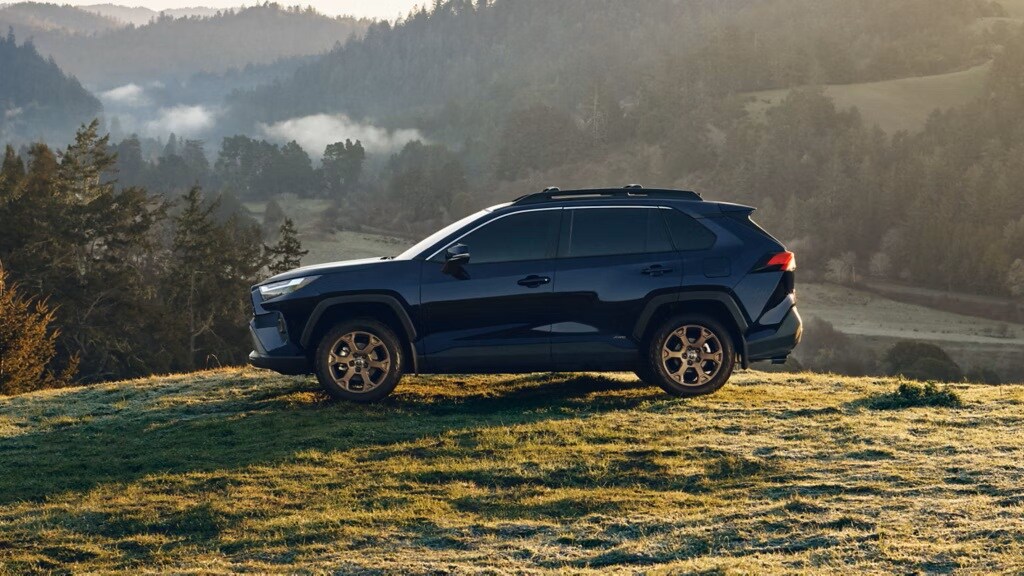 A black Toyota RAV4 parked in the mountains.