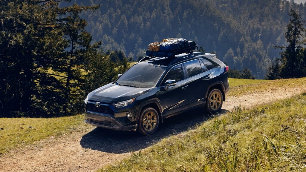 A black Toyota RAV4 parked in the mountains.