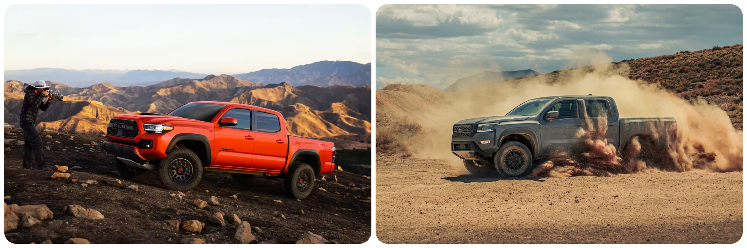 2023-toyota-tacoma-vs-nissan-frontier-2.jpg On the left a profile view of an orange 2023 Toyota Tacoma, on the right a gray 2023 Nissan Frontier