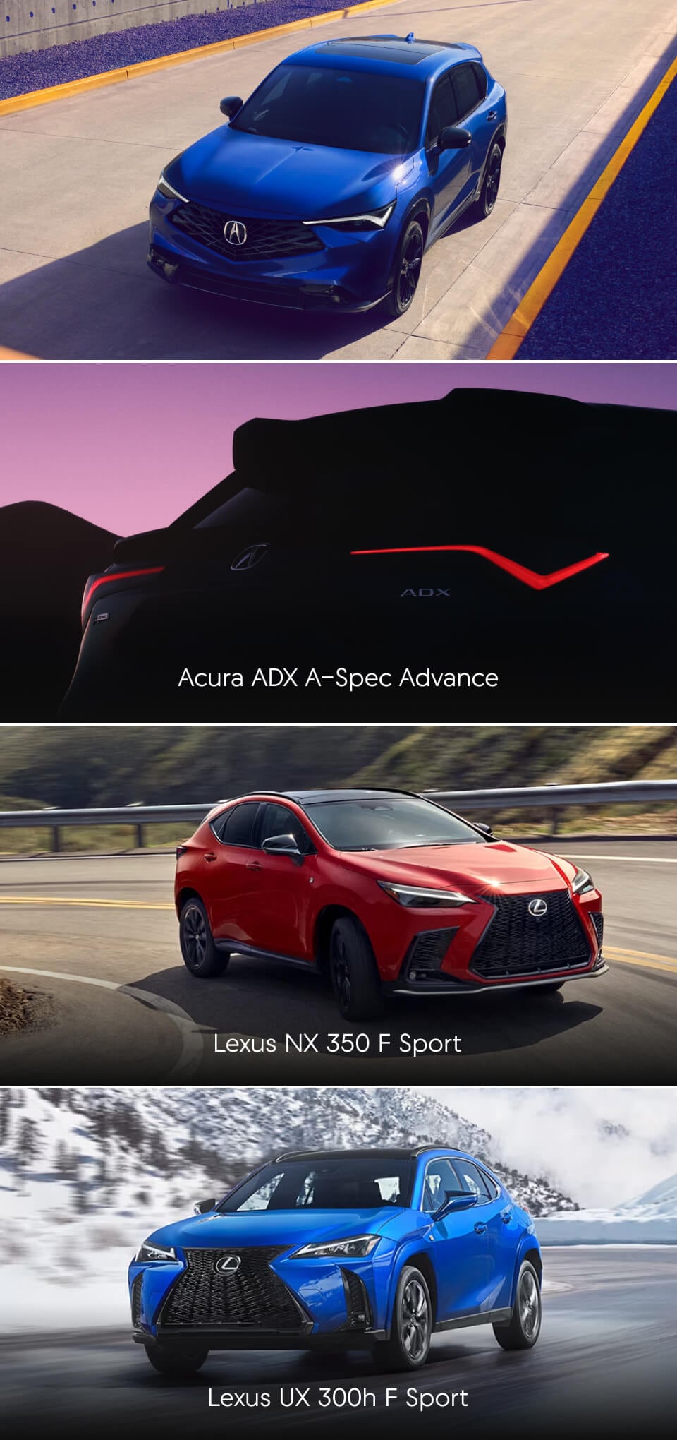 Acura ADX A-Spec Advance vs. Lexus NX 350 F Sport and Lexus UX 300h F Sport
