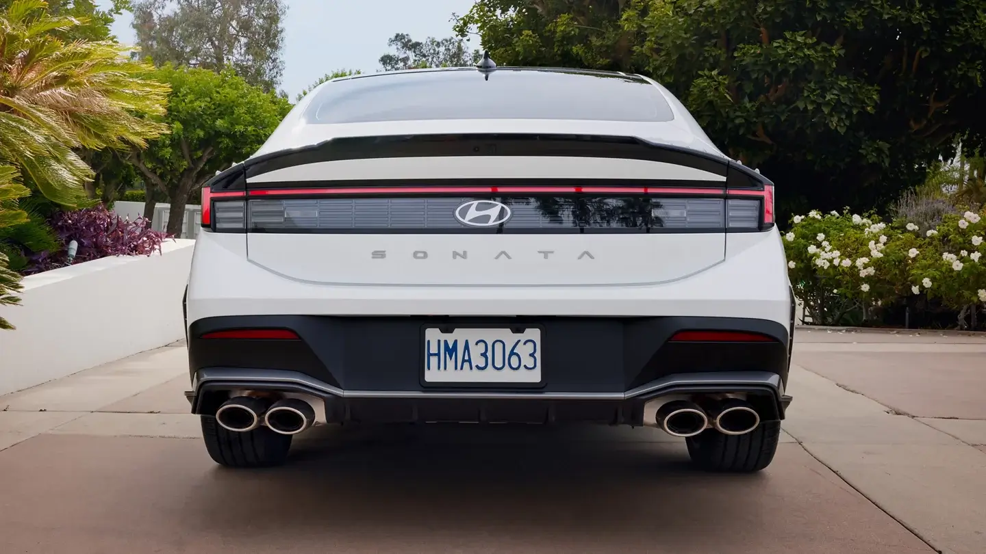 Hyundai Sonata N Line in Serenity White shown from the rear with quad exhaust tips