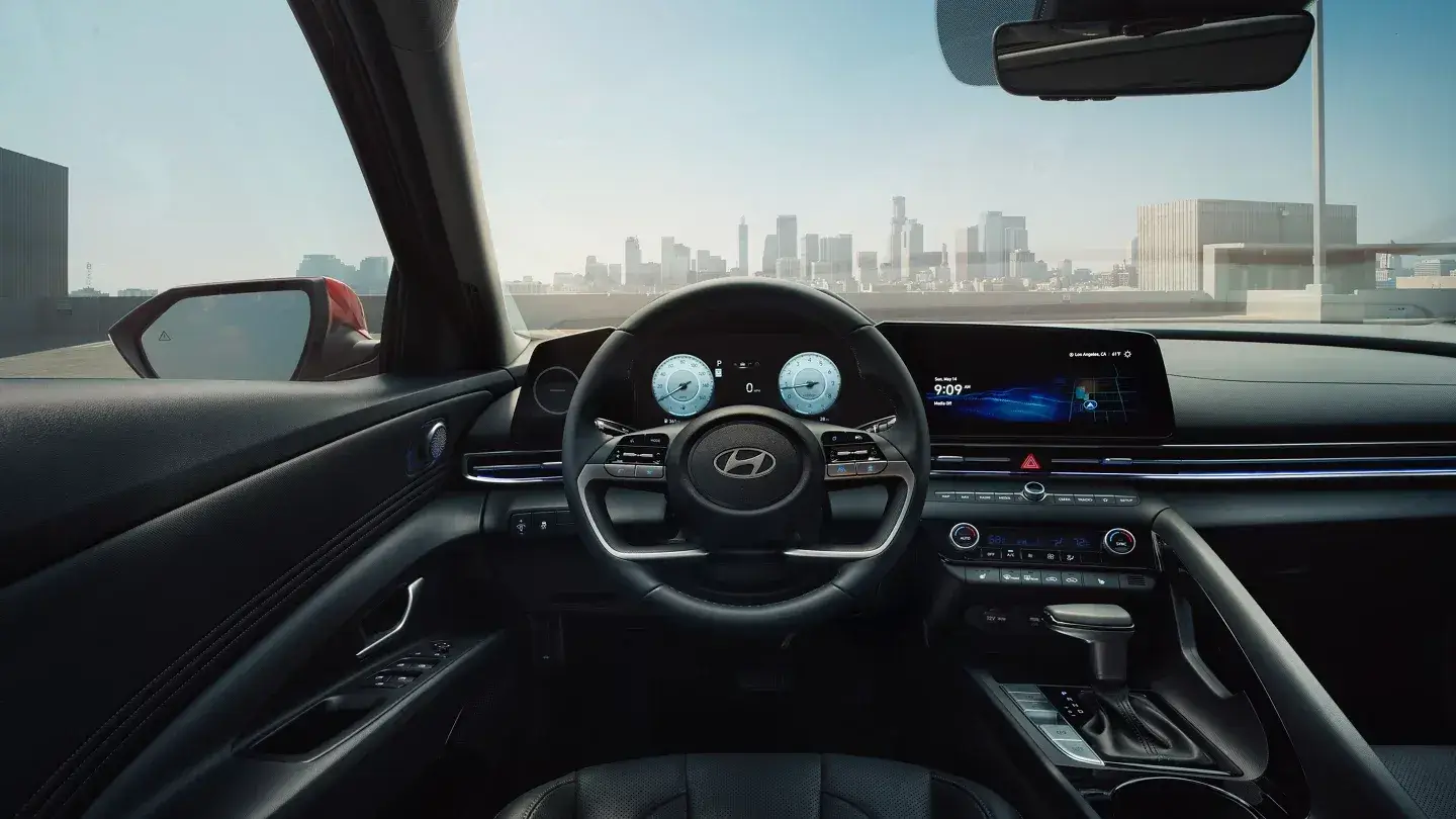 2026 Hyundai Elantra interior showing the current dashboard, dual display setup and steering wheel