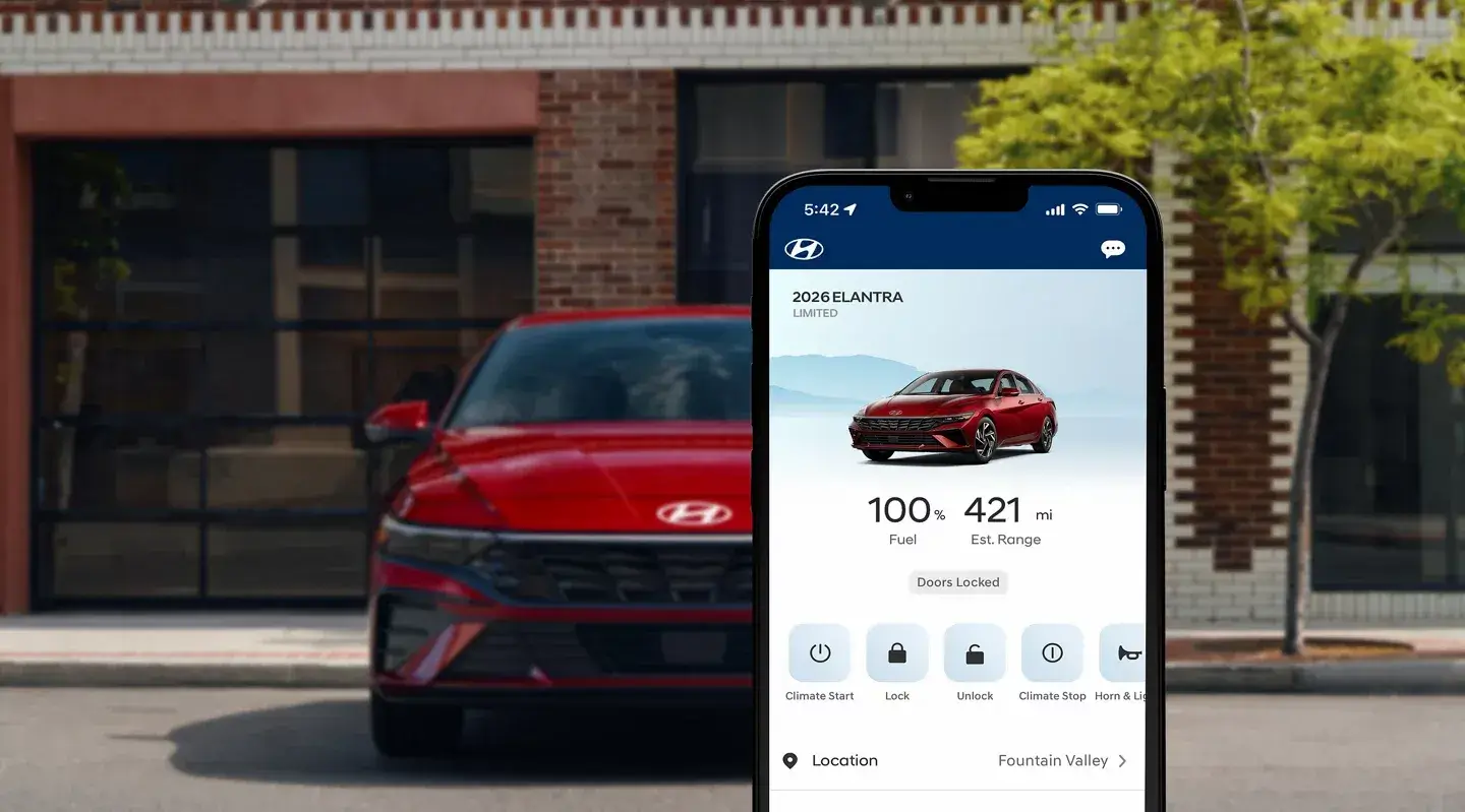 Hyundai Bluelink connected services feature shown on a smartphone with a Hyundai Elantra