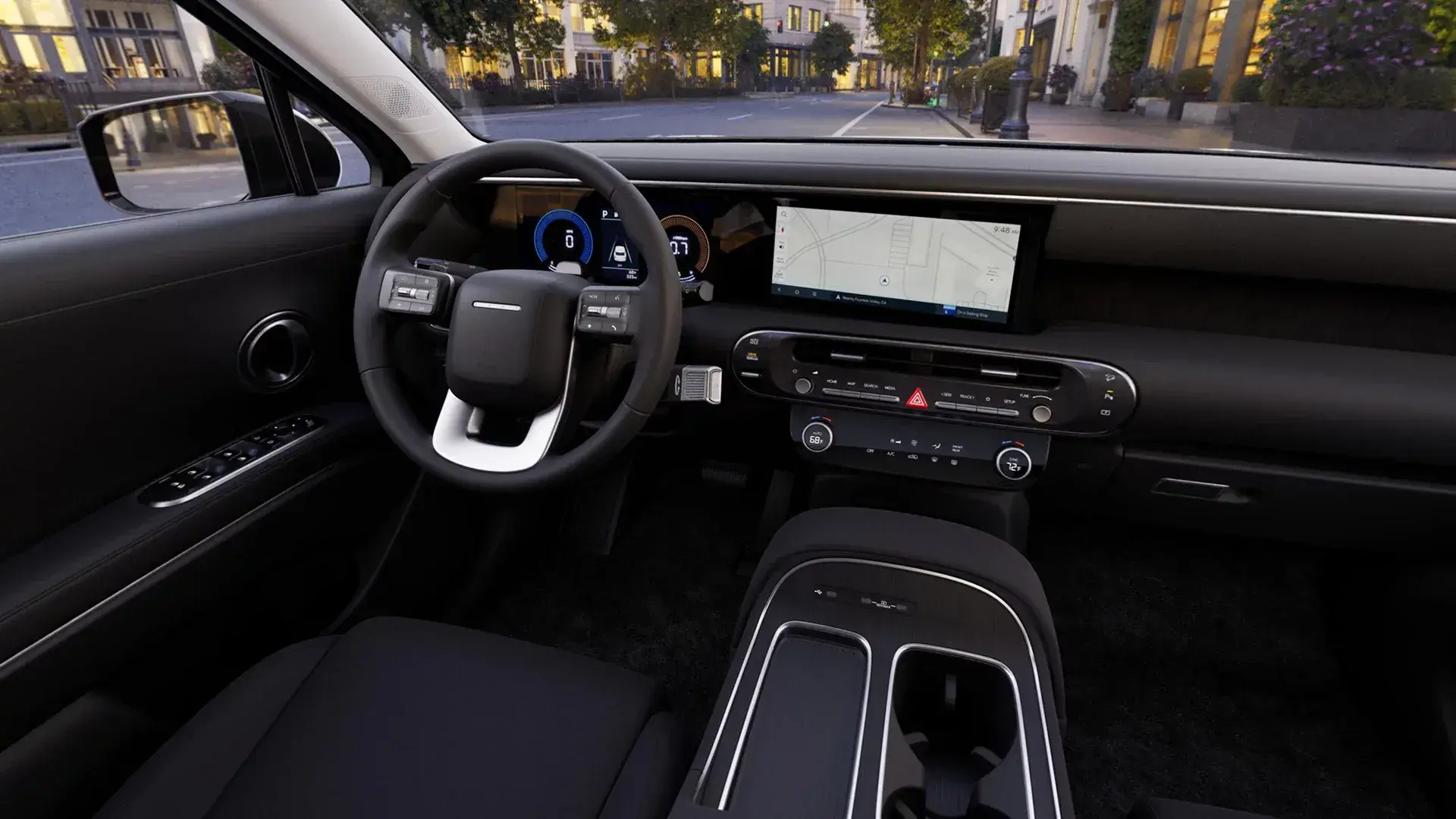 Black interior of a 2027 Hyundai Palisade SE all-wheel drive showing the 12.3-inch touchscreen, dashboard and front seats