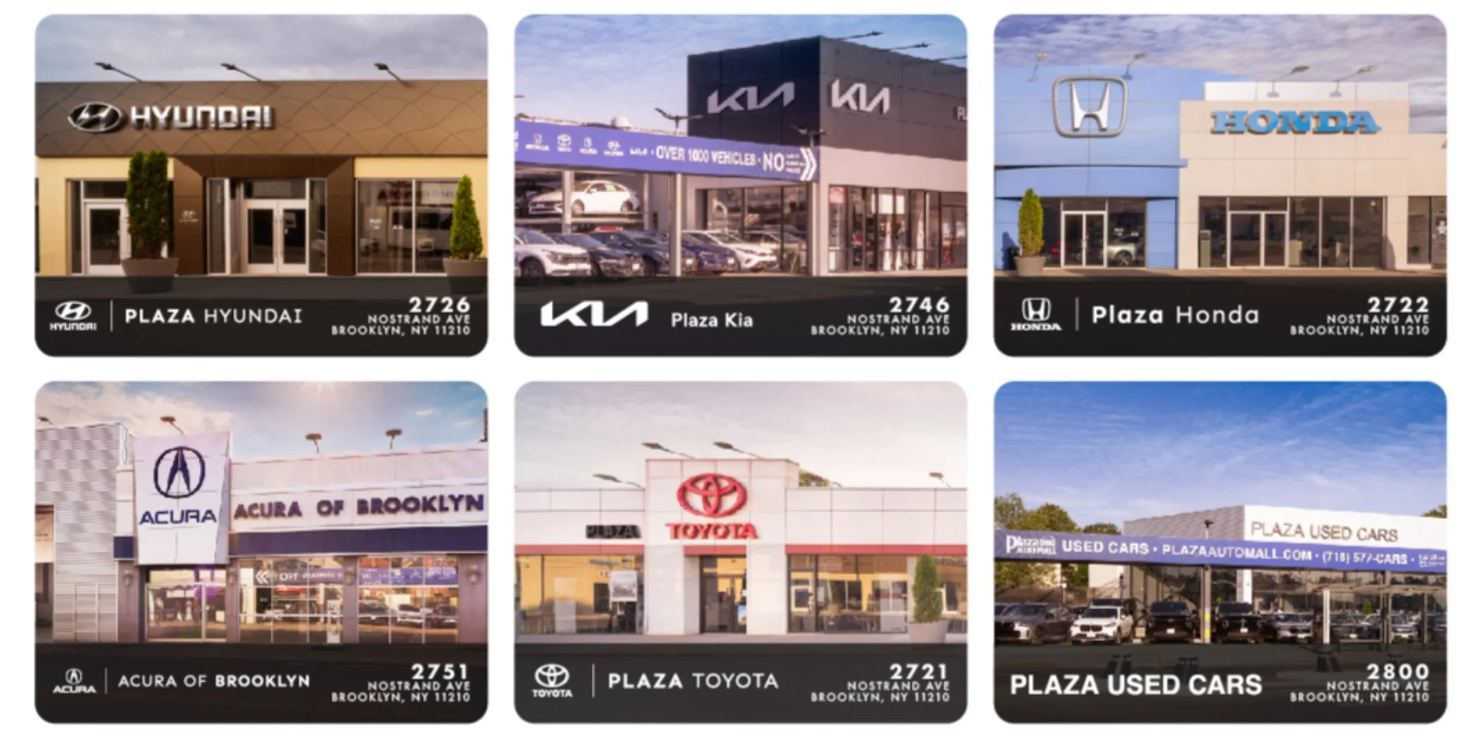 Vehicles from multiple brands available across the Plaza Auto Mall campus