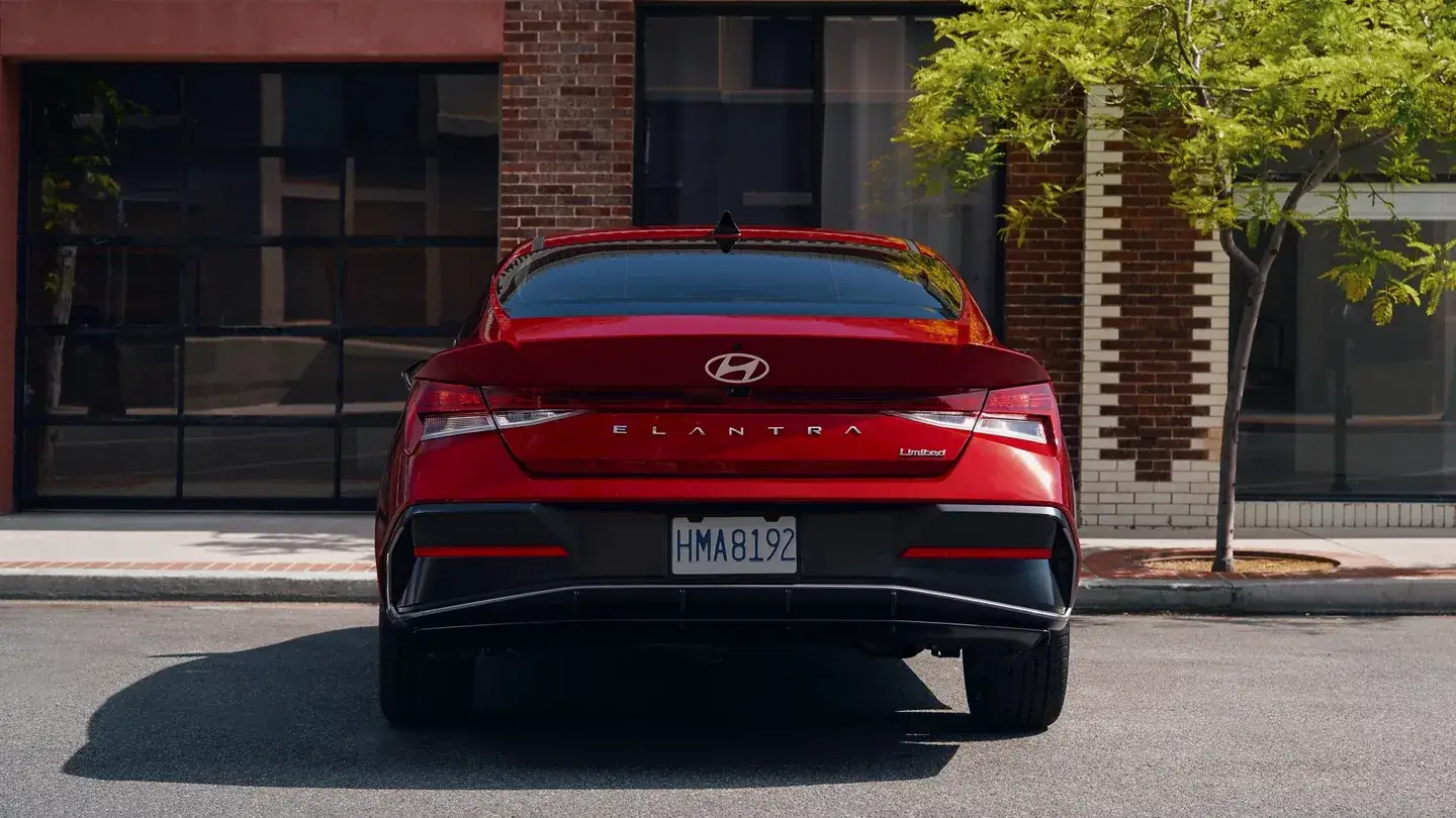 2026 Hyundai Elantra rear view showing the current taillights and trunk lid
