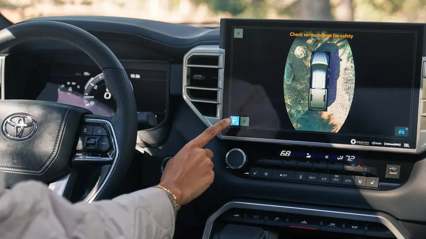 2027 Toyota Tundra center screen showing the 360-degree camera view above the climate controls