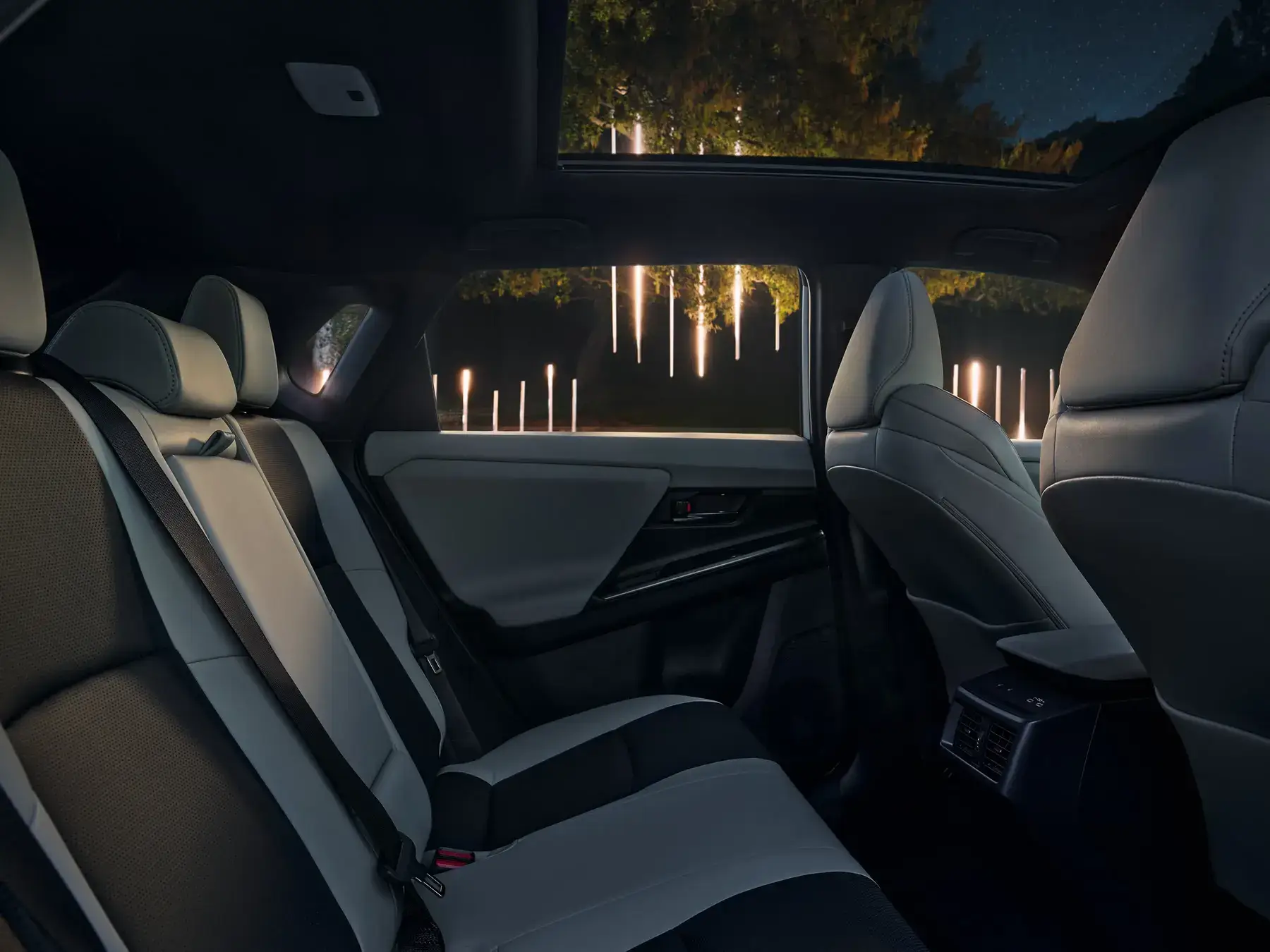 Rear seats of the Toyota bZ showing legroom and flat floor
