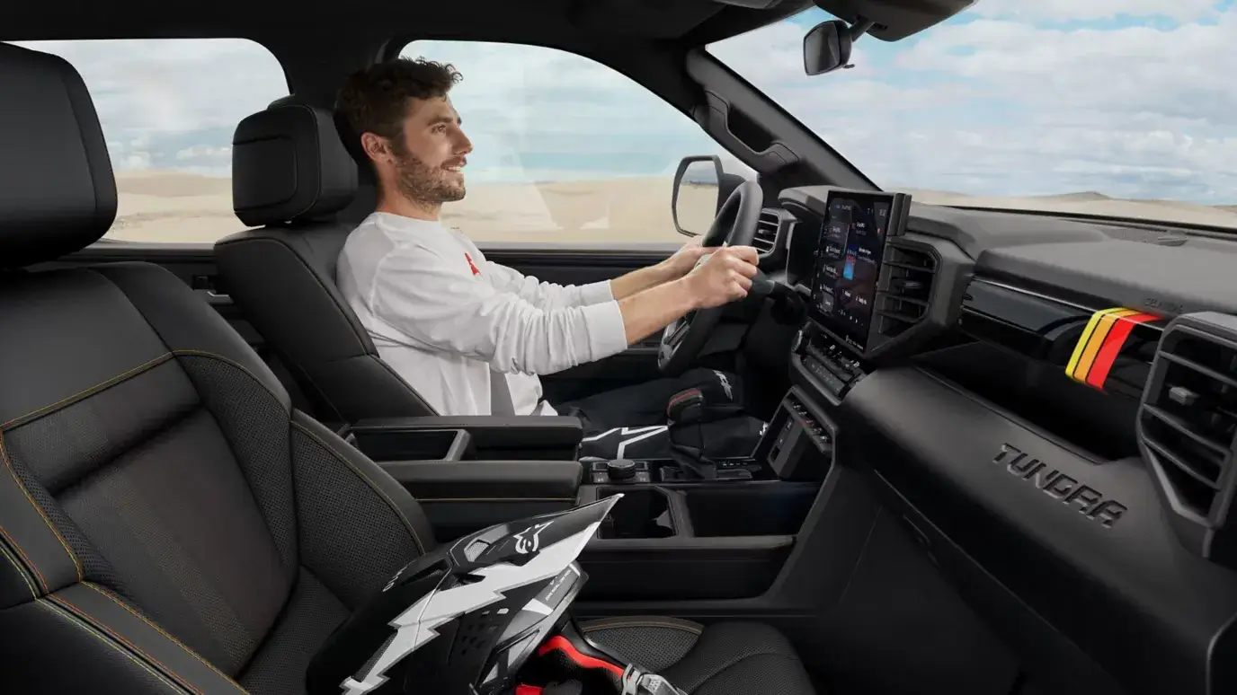 2027 Toyota Tundra cabin finished in black with the large center touchscreen