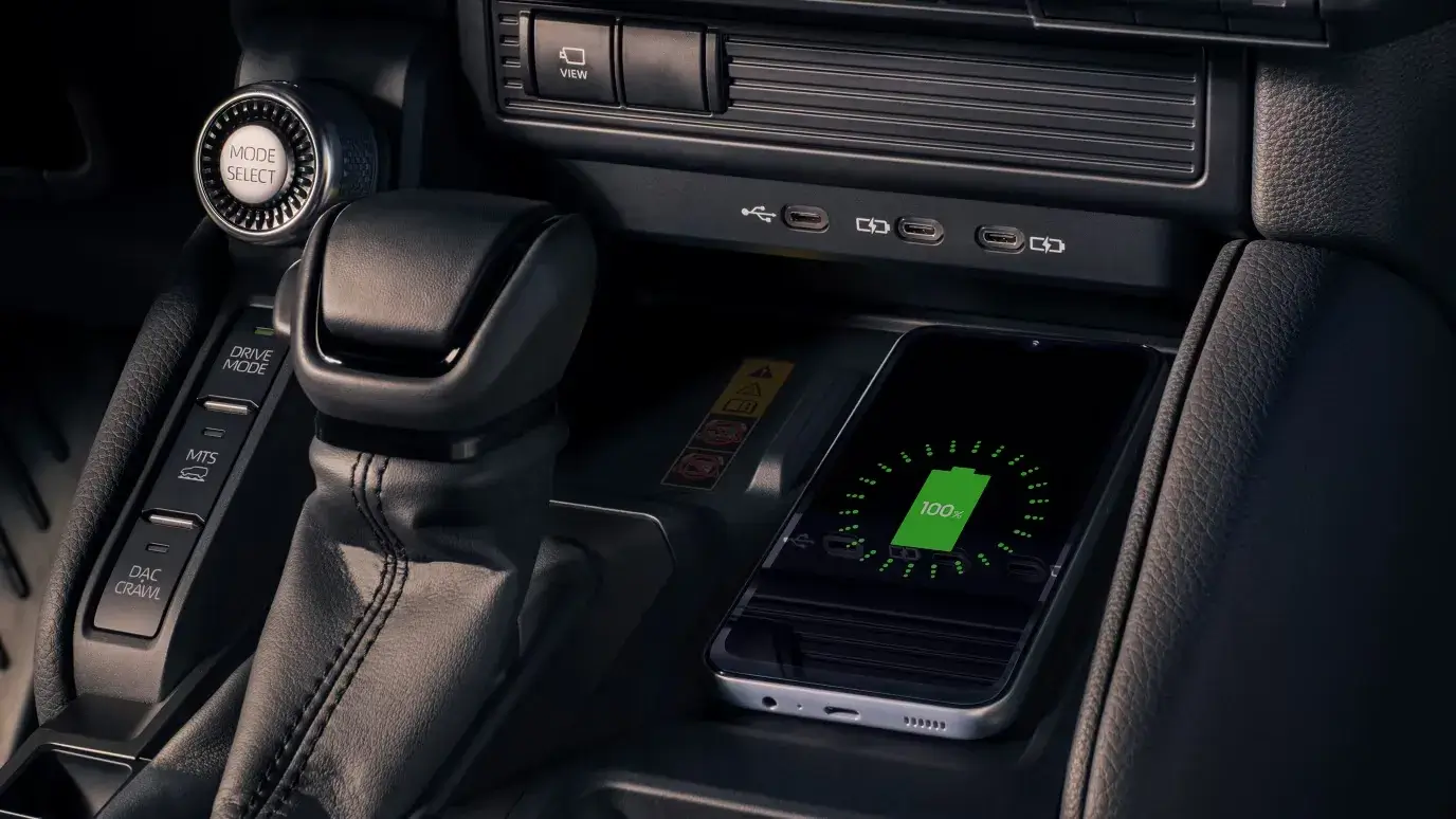 USB-C ports, transmission selector and drive mode controls in the 2027 Toyota Land Cruiser