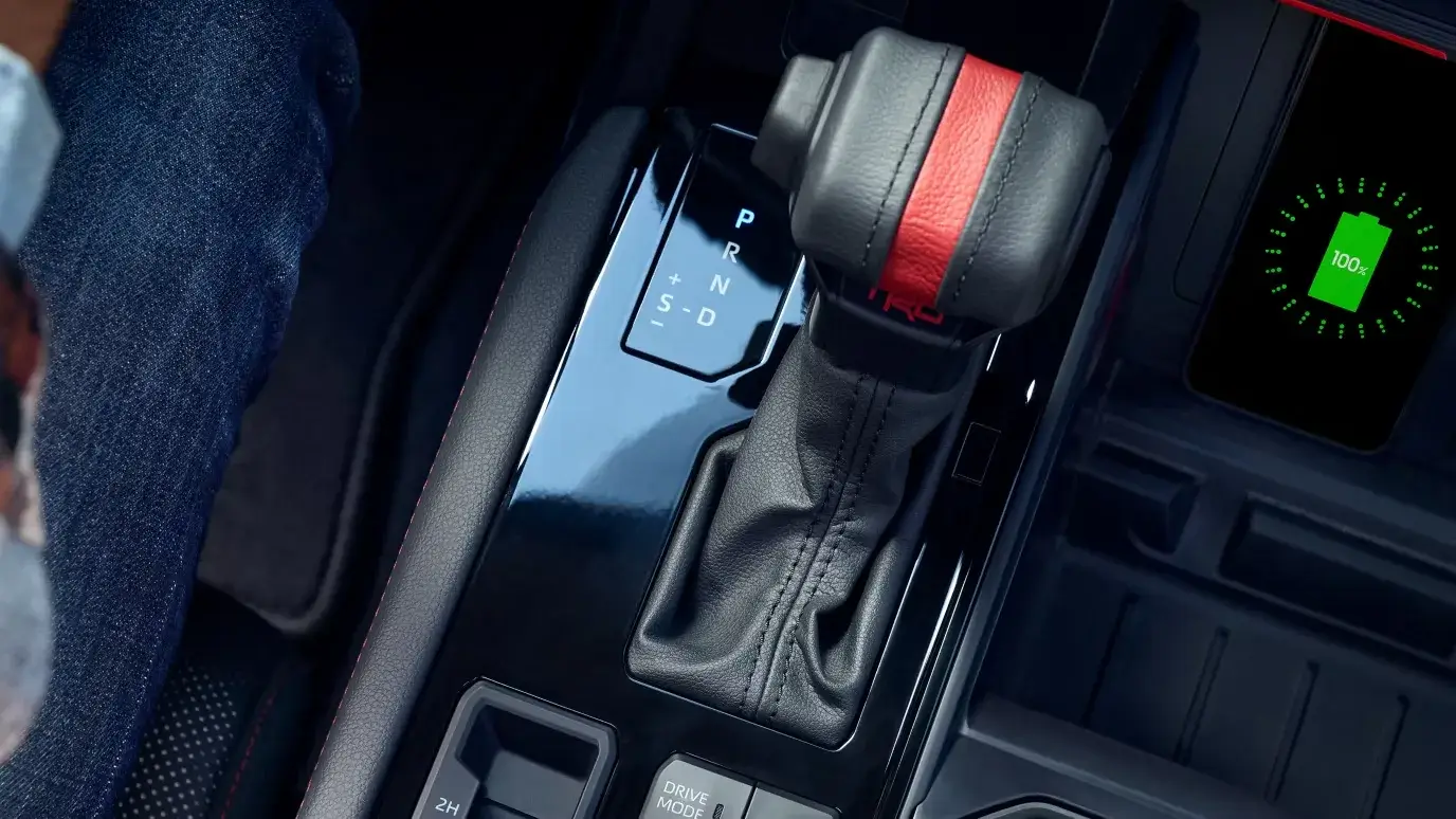 Toyota Tundra TRD Pro CrewMax console in black with Multi-Terrain Select controls and wireless charger