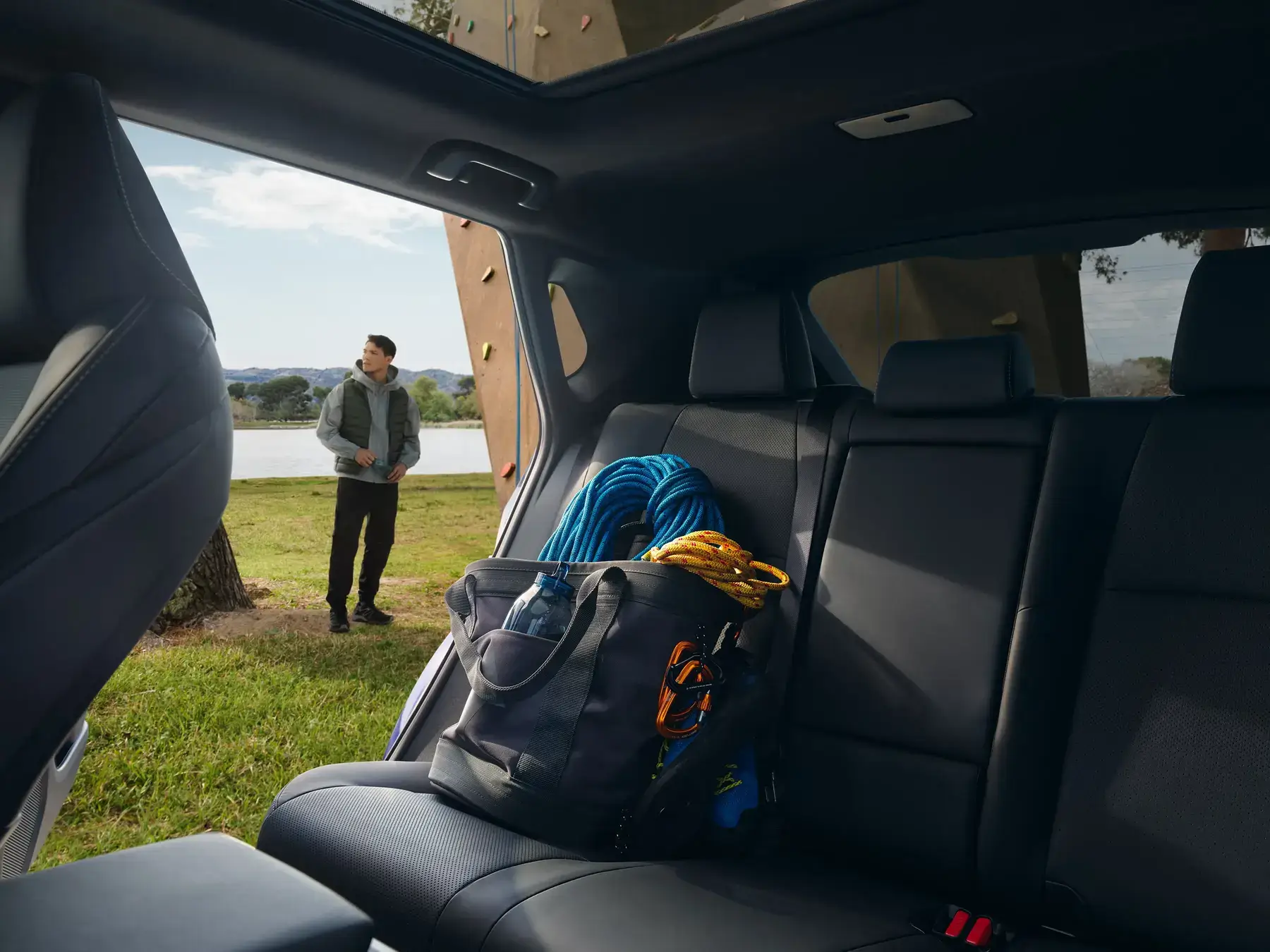 Rear passenger space in the Toyota bZ with seat reclined and leg room extended