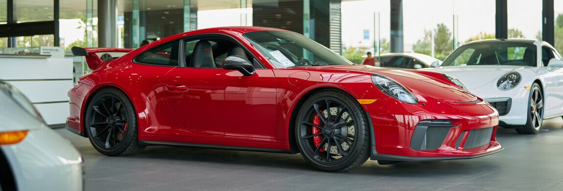 Porsche Irvine Showroom Red Porsche GT3 for sale in the showroom at Porsche Irvine