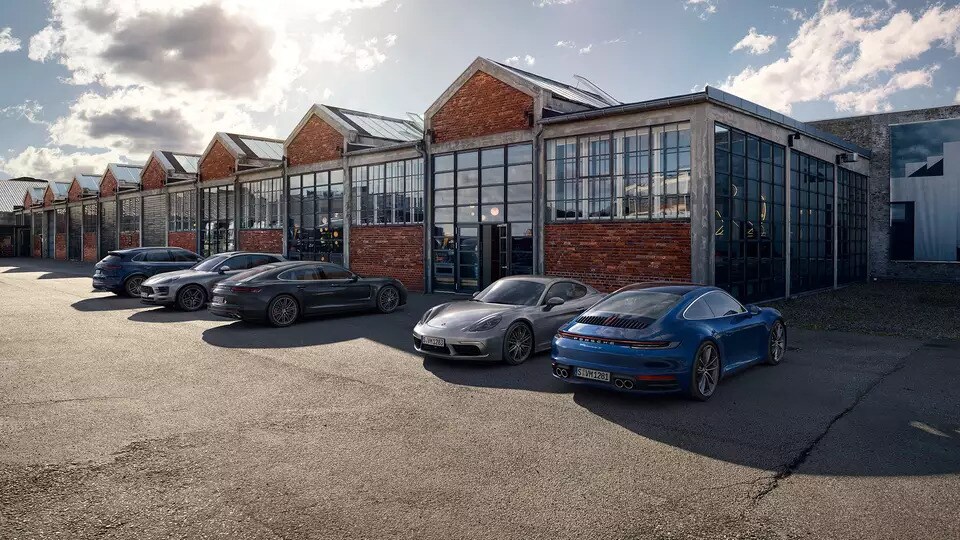 New Porsche models lined up outside