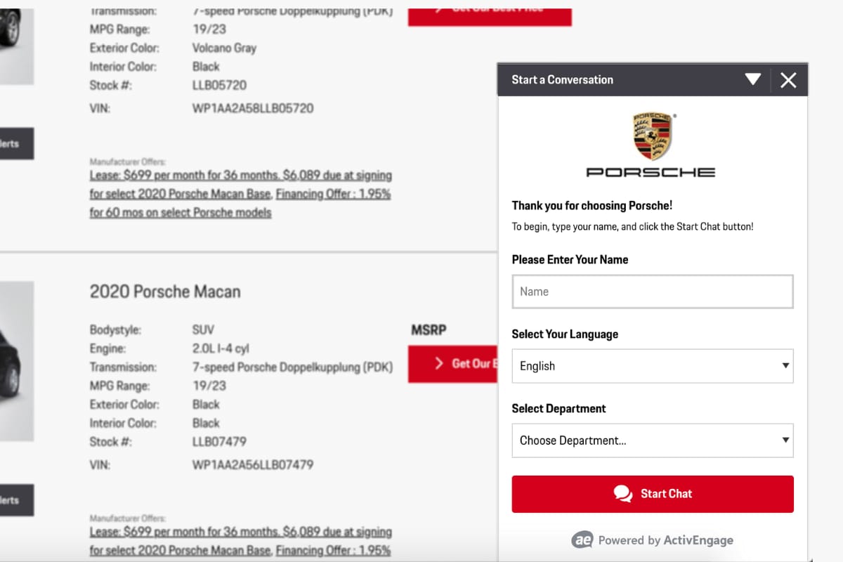 Live chat window on Porsche Irvine