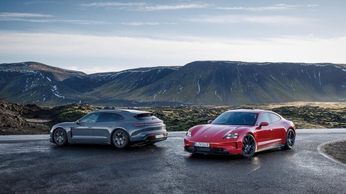 Two 2025 Porsche Taycan models sitting side by side