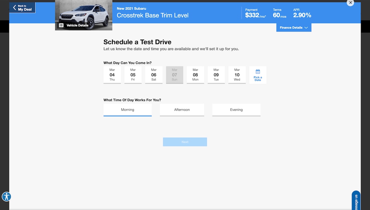 AutoNation Express schedule a test drive screen on desktop