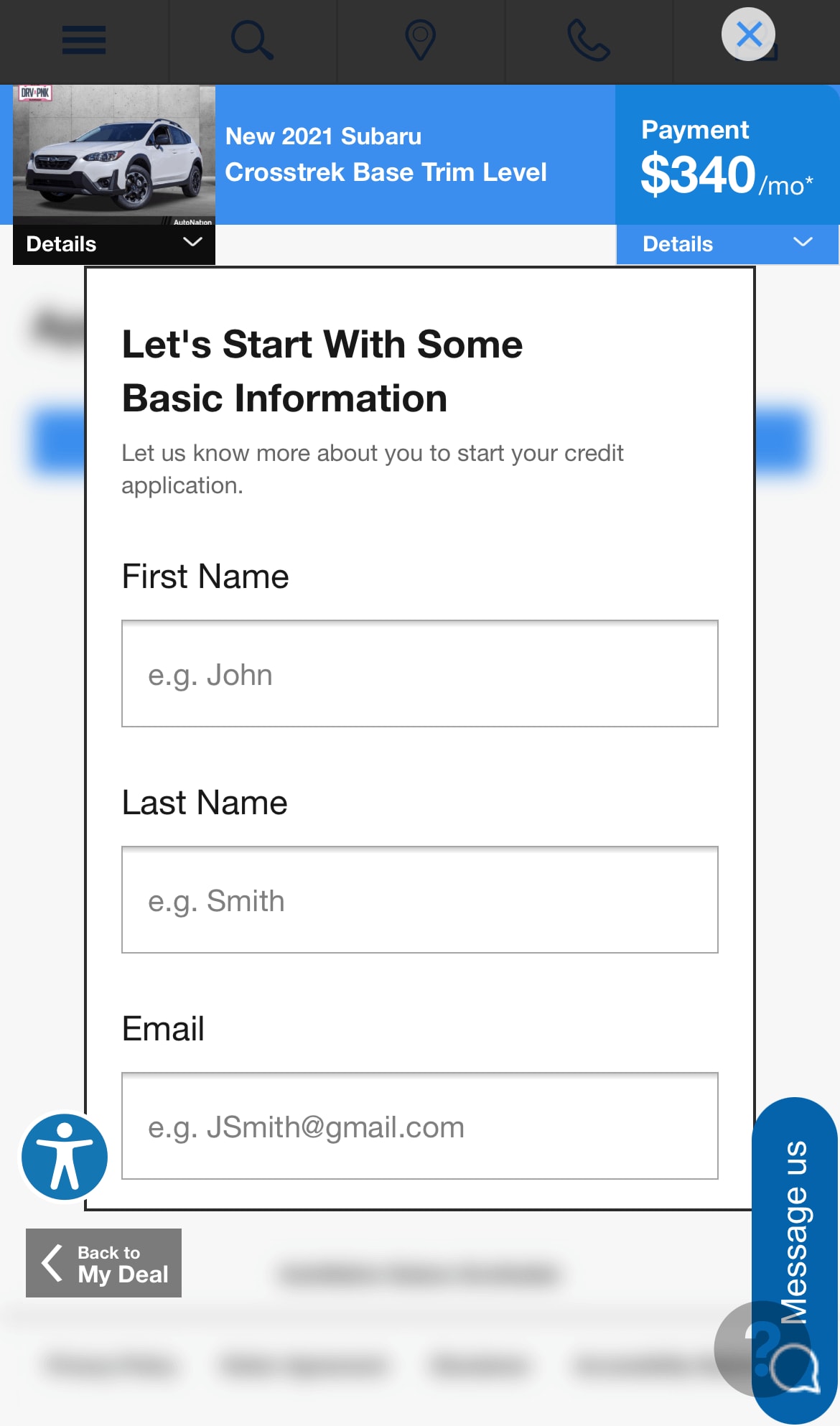 AutoNation Express apply for financing screen on a mobile device