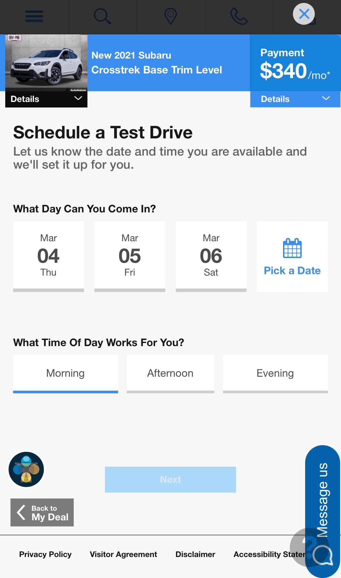 AutoNation Express schedule a test drive screen on a mobile device