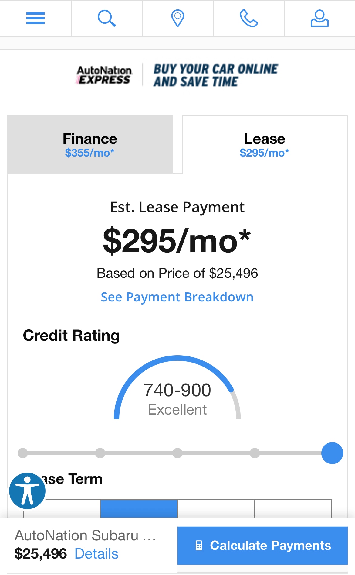 AutoNation Express payment calculator on a mobile device