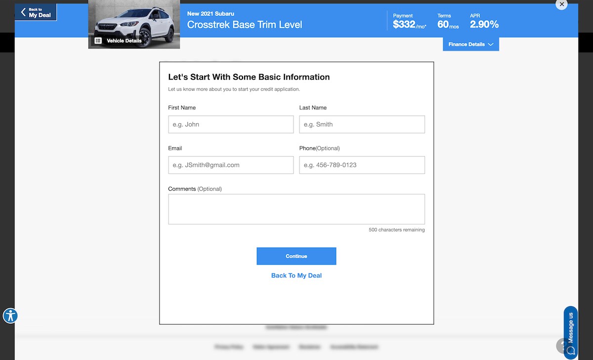 AutoNation Express apply for financing screen on desktop