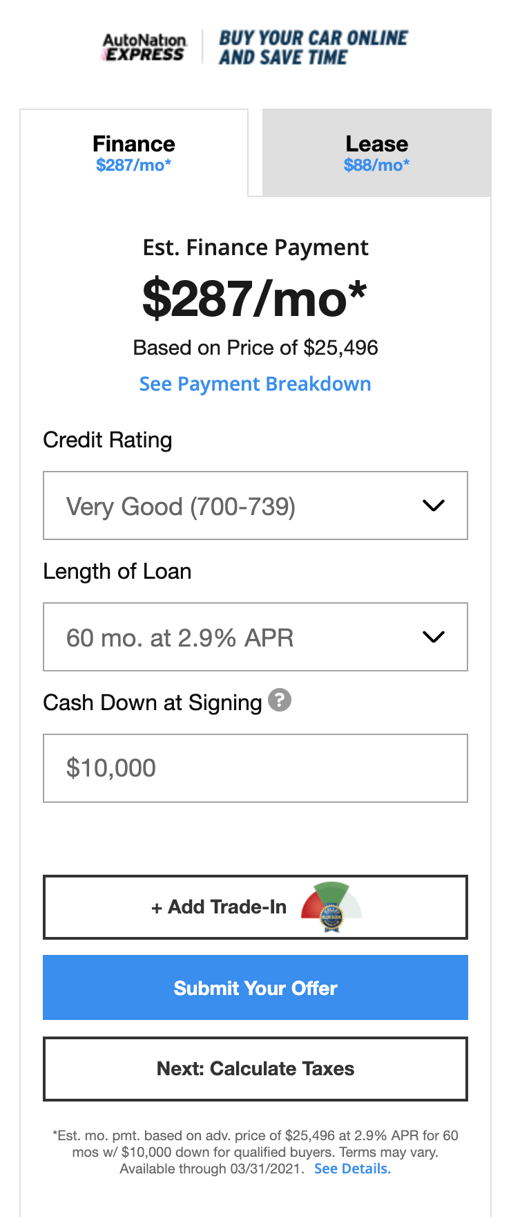 AutoNation Express payment calculator tool