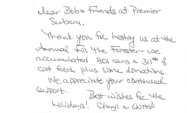 Branford Food Pantry bottom.JPG a thank you note from the Branford Food Pantry to Bob Alvine and his team at Premier Subaru Branford for the donation