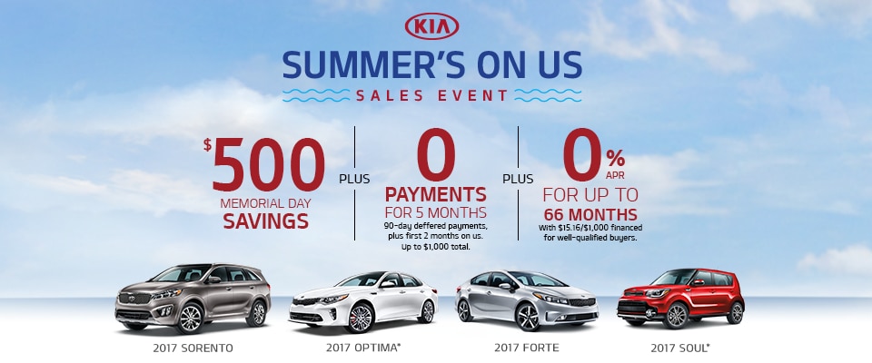 Summer On Us Sales Event - $500 Memorial Day Savings, 0 Payments for 5 months, and 0% APR financing for up to 66 months