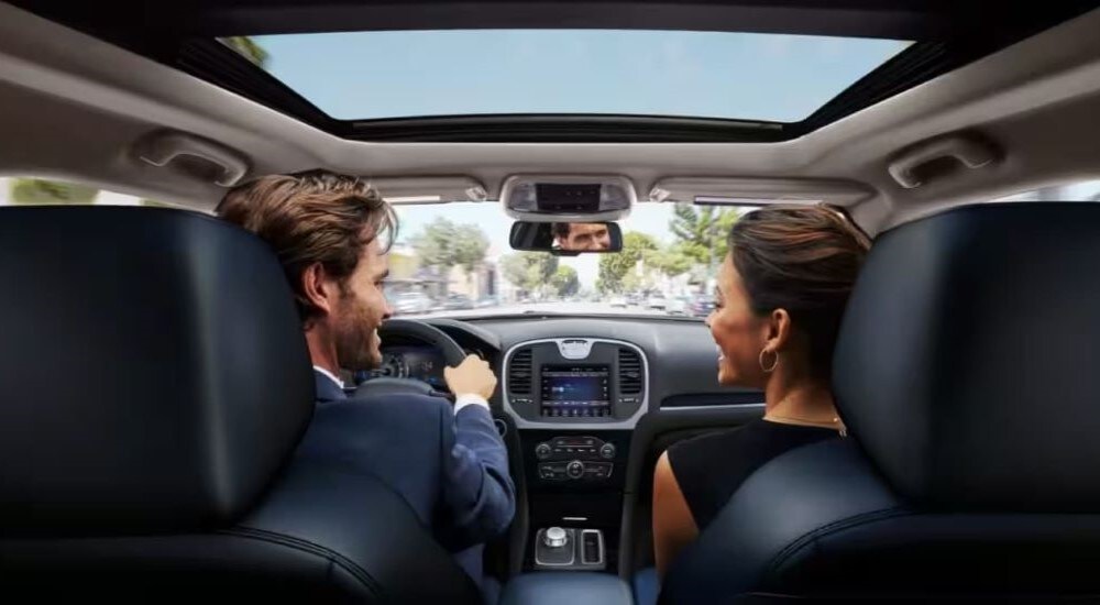 2023%20Chrysler%20300%20-%20Laughing%202.jpg The black interior and dash is shown in a 2023 Chrysler 300.