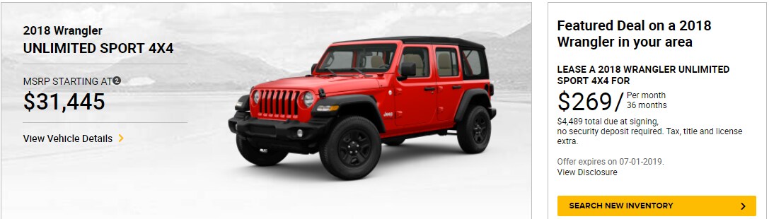 2019 Jeep Wrangler Unlimited Sport Lease Special