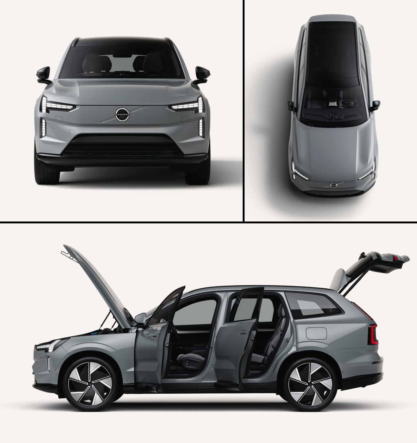 Collage of a silver Volvo EX90 SUV in three views: front, top, and side. The side view shows the car's doors and trunk open, highlighting its spacious design.