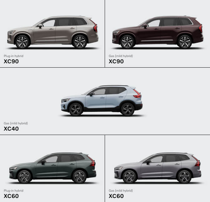 Side profile collage of Volvo XC90, XC40, and XC60 models in various colors on a grey background.