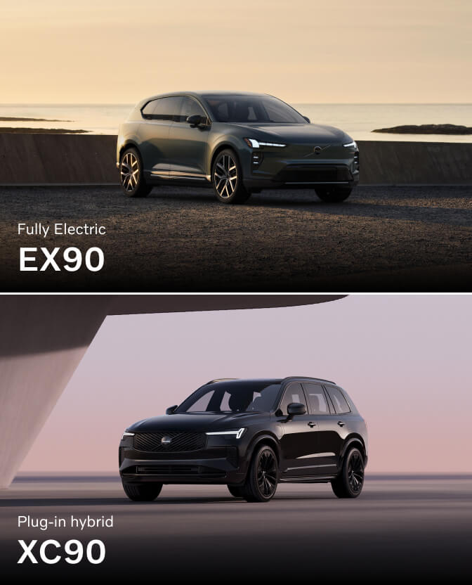 Split view of a green Volvo EX90 by an ocean wall and a black XC90 against a clean backdrop.