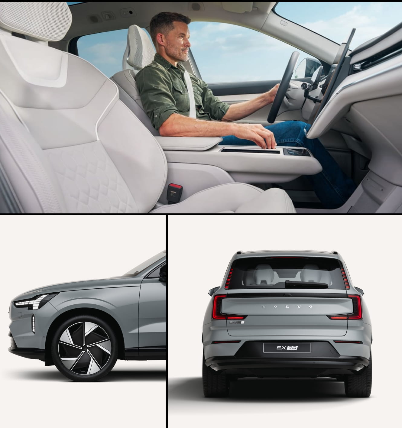 A man in a green shirt drives a Volvo EX90 with a sleek interior. Below, the car's side and rear show a stylish design with distinctive tail light