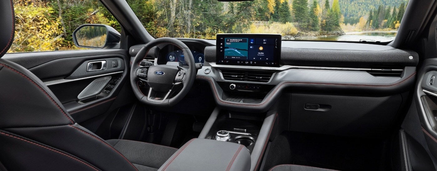 The black interior of a 2025 Ford Explorer.
