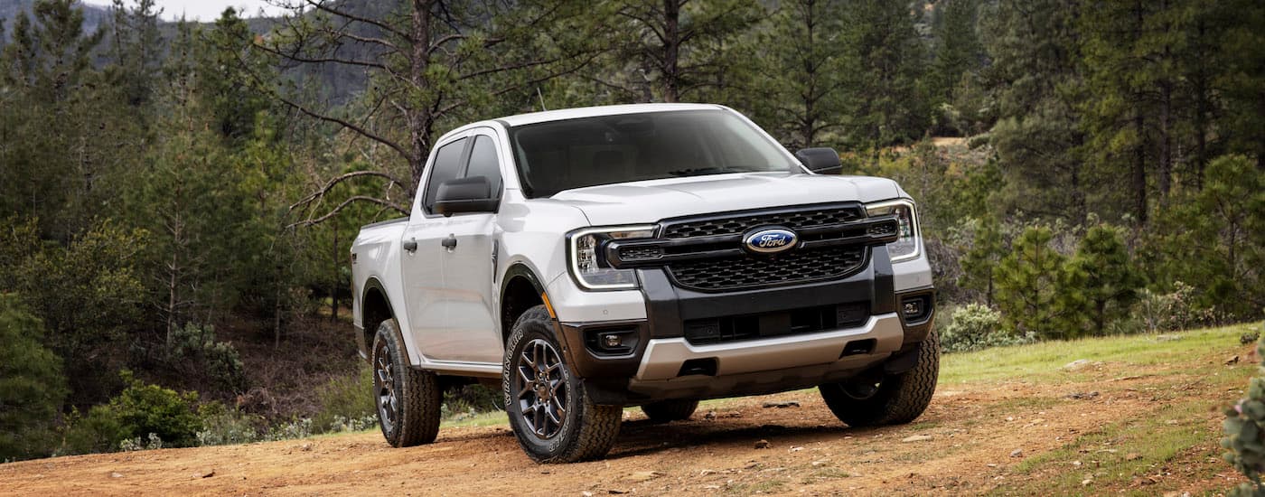 A white 2025 Ford Ranger from the front.