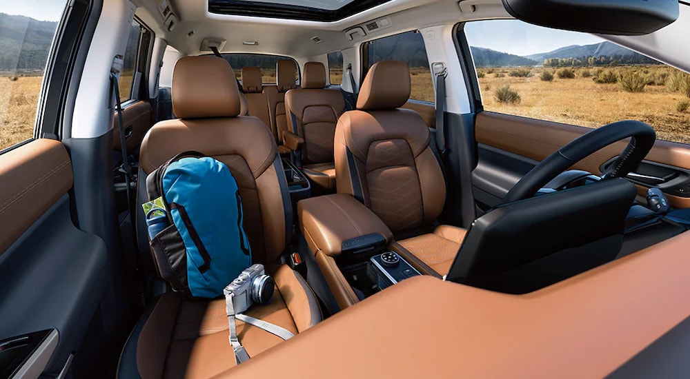 View from the dashboard showing the cabin and seating in a 2025 Nissan Pathfinder Platinum at a Nissan dealer near Wapakoneta.