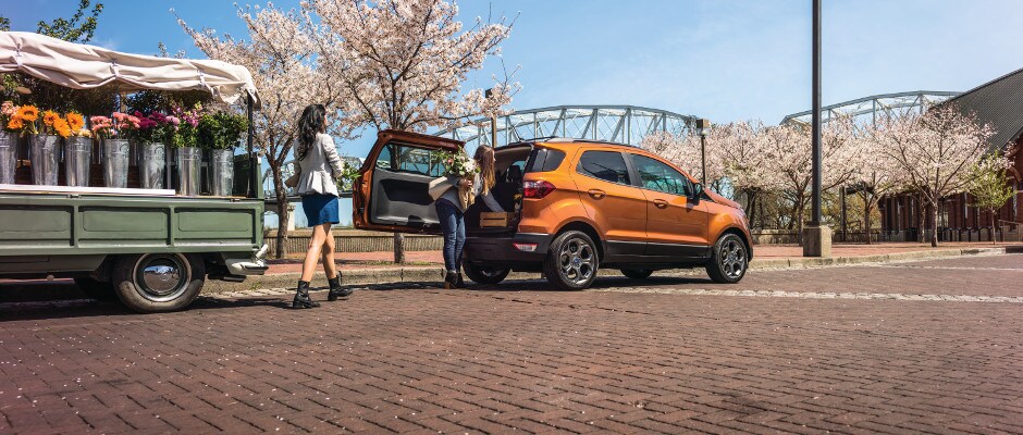 Packages A woman loading flowers into her Ford EcoSport