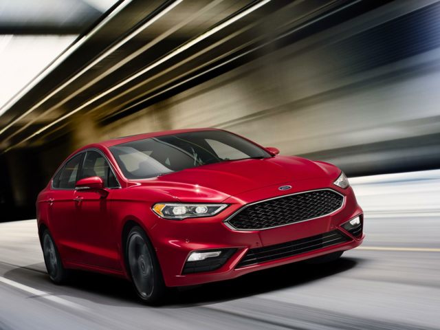 2018 Ford Fusion platinum sedan red.jpg