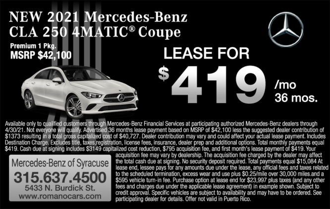 New 2021 Mercedes-Benz CLA 250 4MATIC Coupe Leases New 2021 Mercedes-Benz CLA 250 4MATIC Coupe Leases