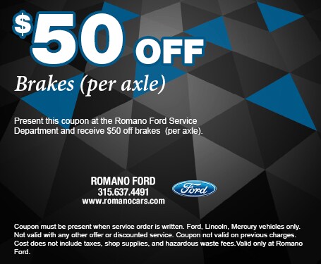 $50 Off Brakes per Axle at Romano
Ford $50 Off Brakes per Axle at Romano Ford