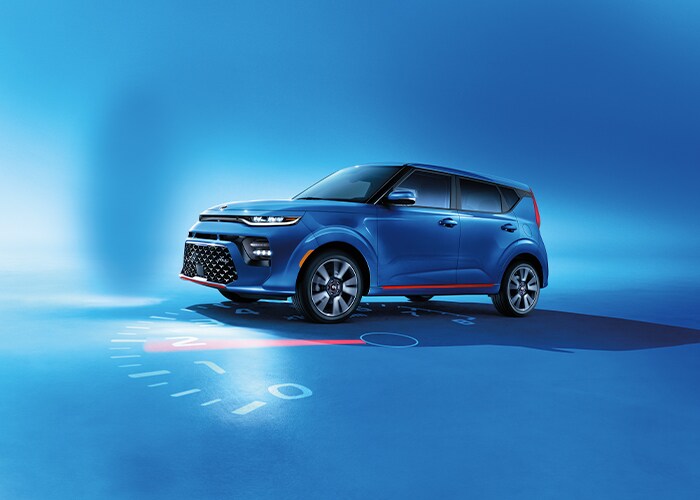 Sale Kia is a Kia Dealership in Kinston near Goldsboro, NC | Blue Kia Soul Turbo in Studio with Blue Background
